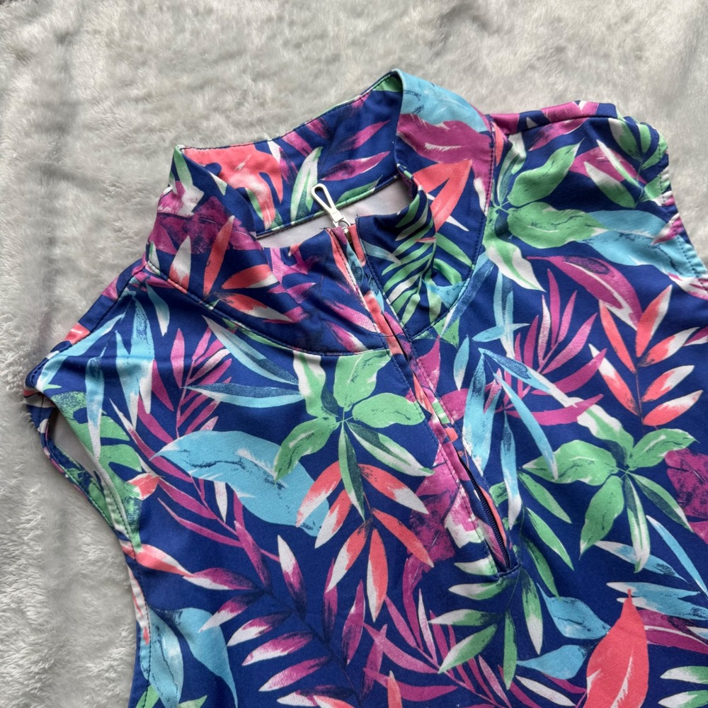 Emerald 18 Golf Dress Women XL Blue Tropical Floral Sleeveless Quarter Zip Sport